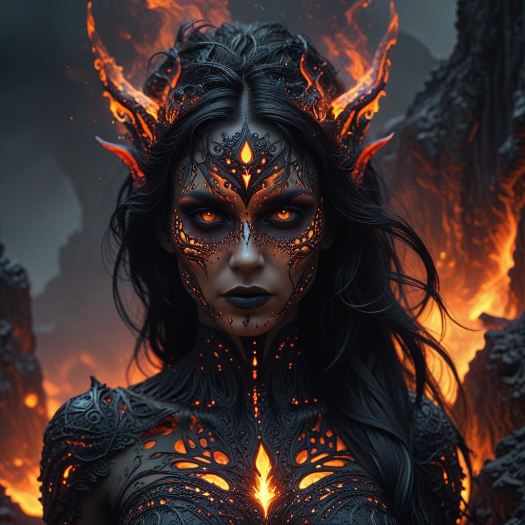 Dark Gothic Demoness in Lava Wasteland