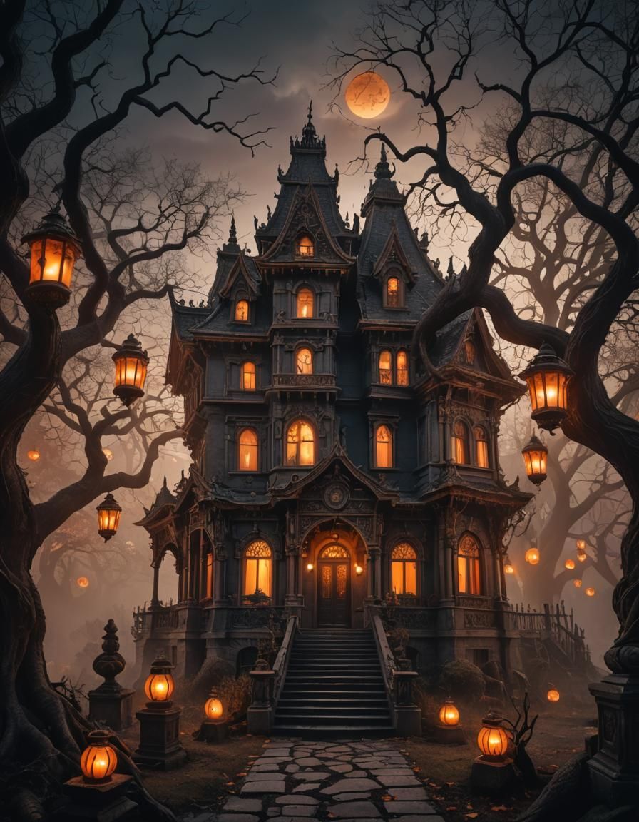 Ornate Haunted House with Glowing Lanterns: Dark Fantasy