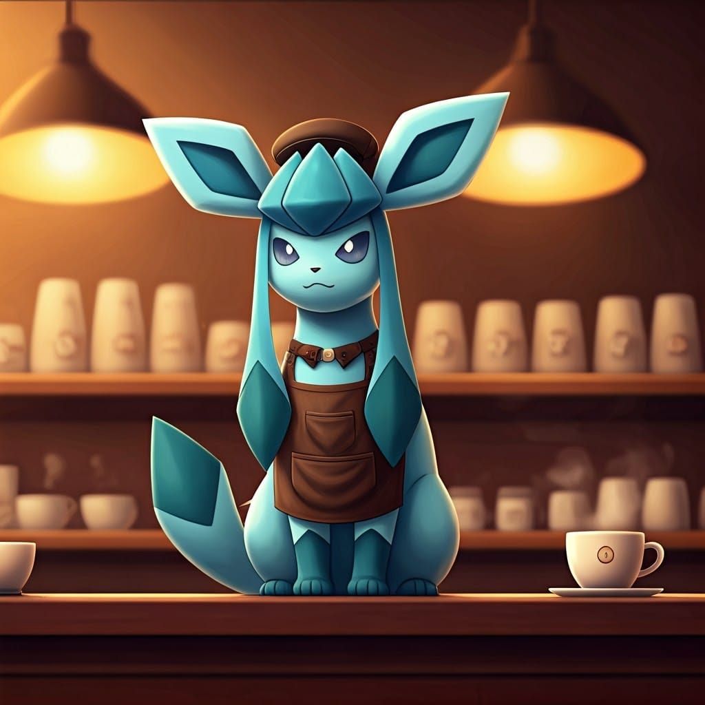Anime-Inspired Glaceon Barista in a Charming Café