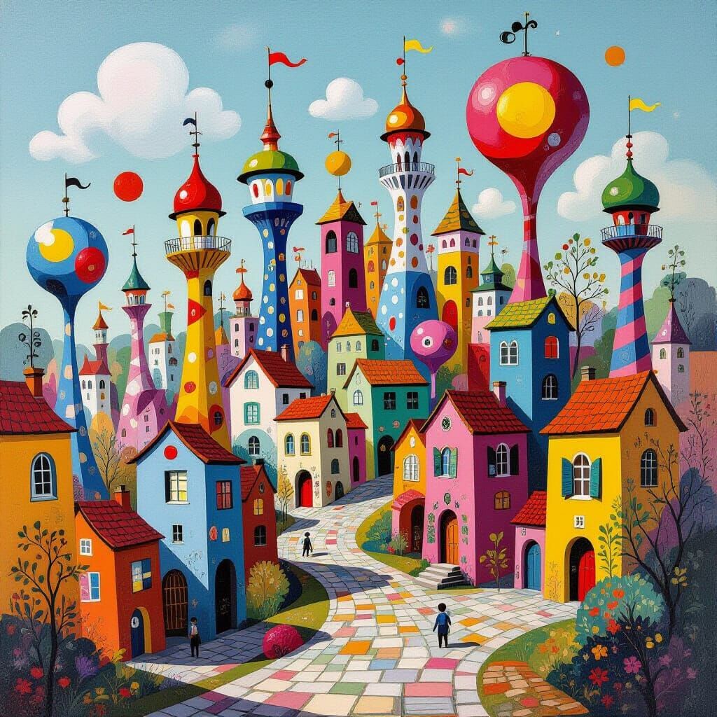 Whimsical Cityscape in Miró Style