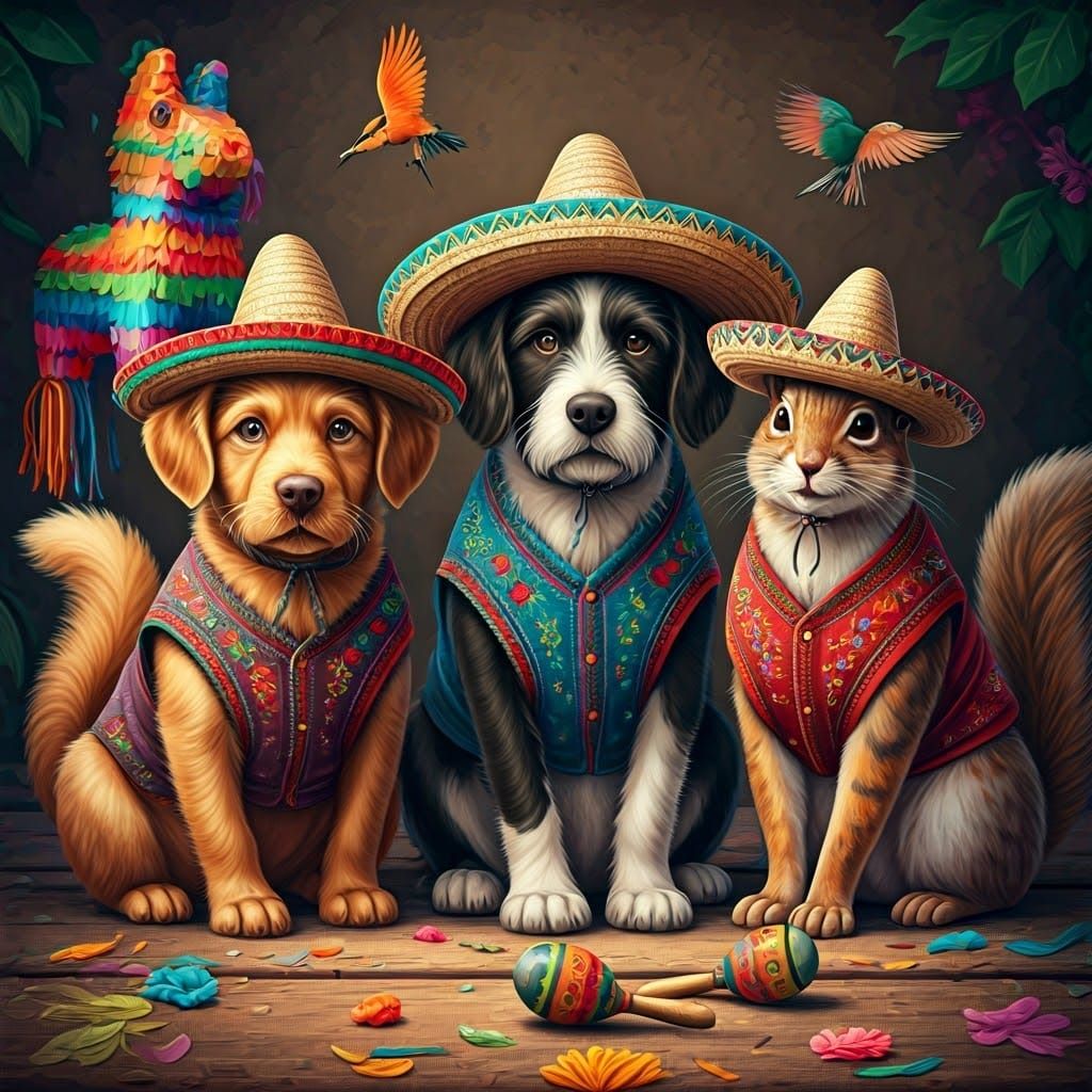 Festive Animal Fiesta in Folk-Art Style