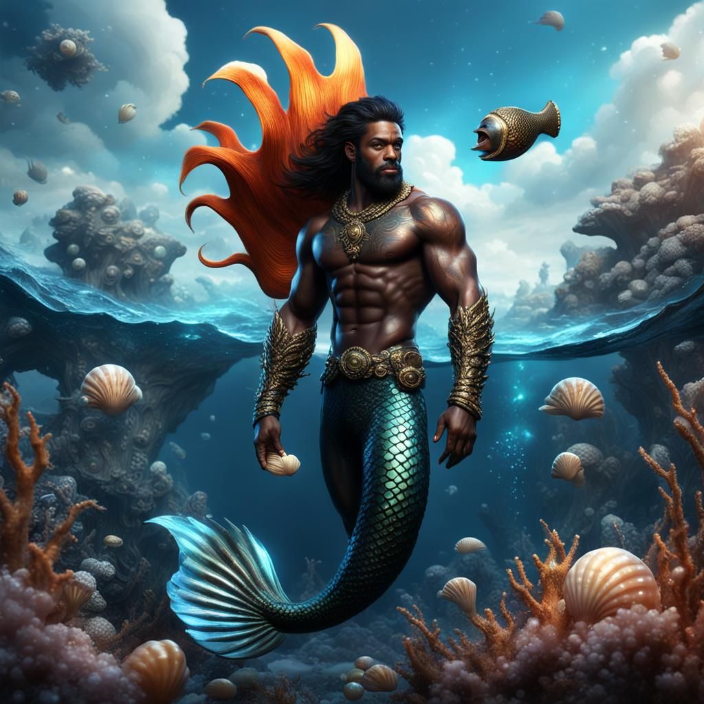 Stunning Black Merman with Pearlescent Tail: Fantasy Art