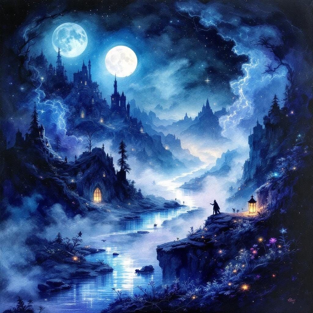 Moonlit Landscape of Lost Land on Cracked Paper