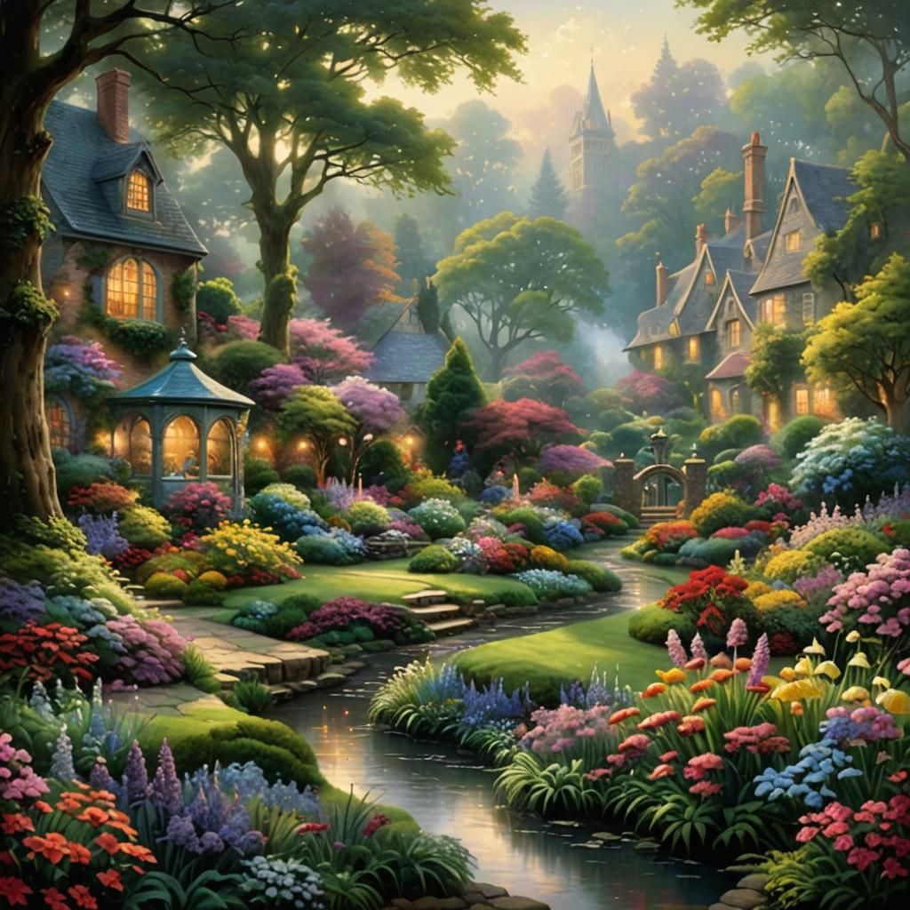 Ethereal English Garden in Thomas Kinkade Style