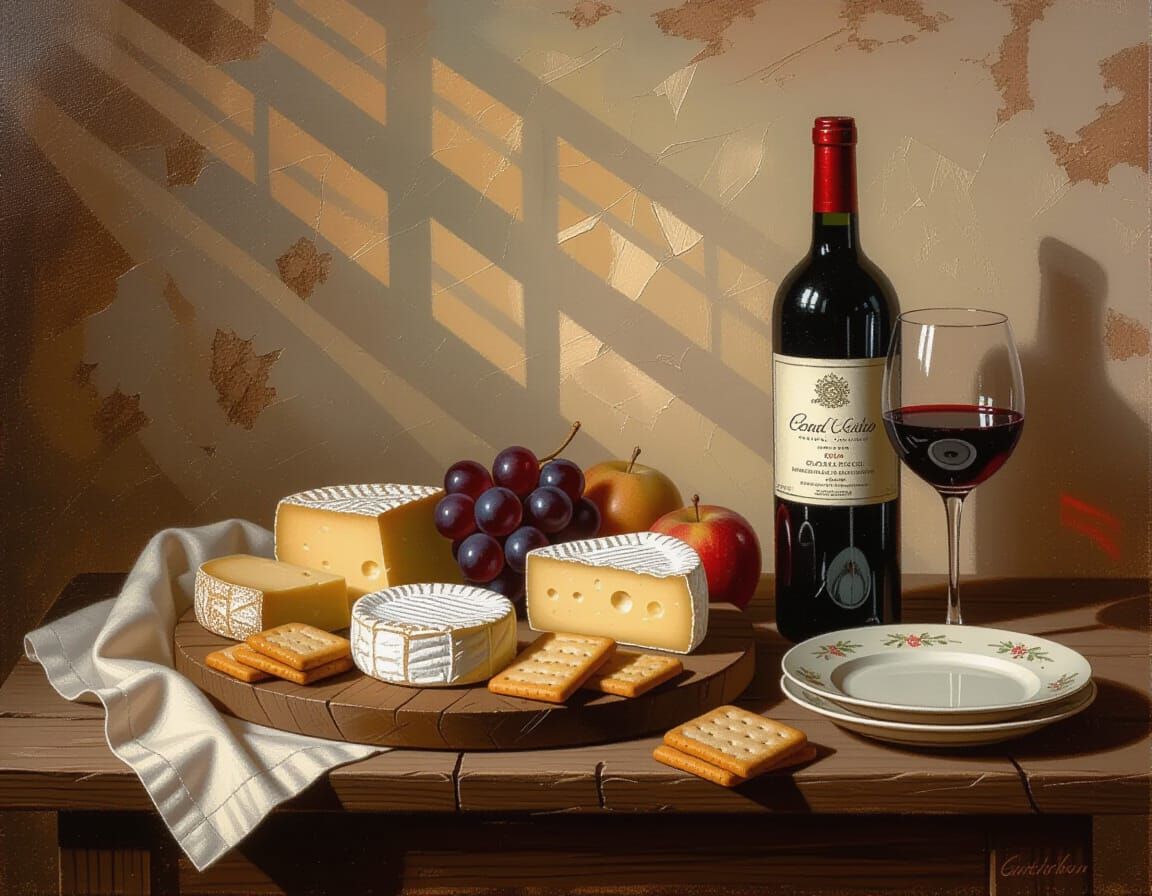 Oil Painting of Rustic Cheese Plate and Wine