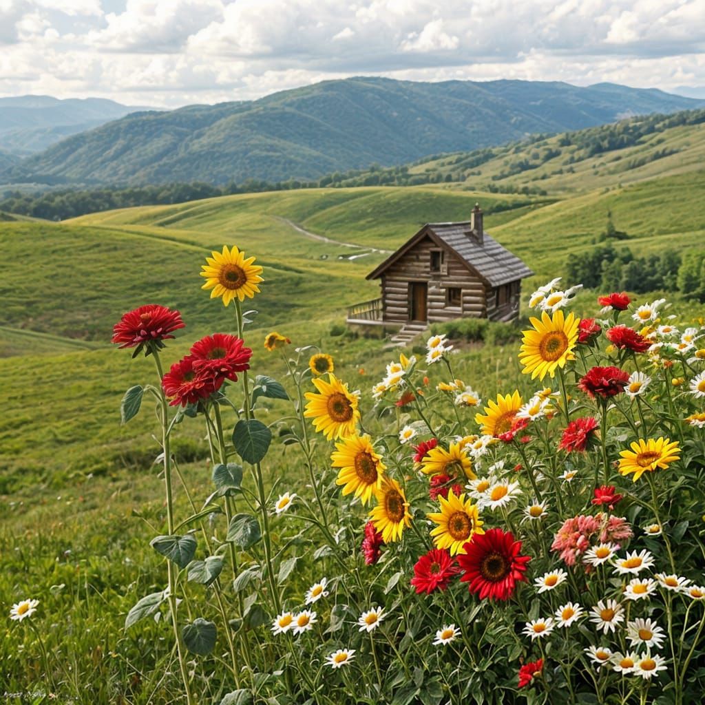 Vibrant Wildflowers Dance in a Green Meadow Beside a Weather...