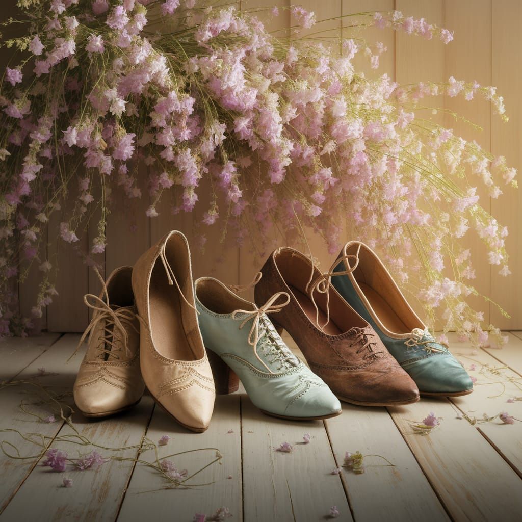 Antique Dancing Shoes on Wooden Floor, Monet & Van Gogh Styl...
