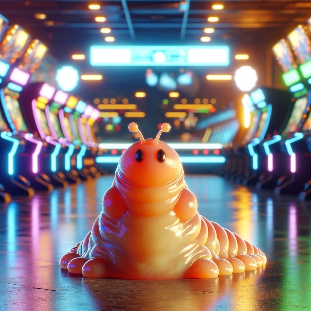 Friendly Alien Creature Navigates Futuristic Arcade