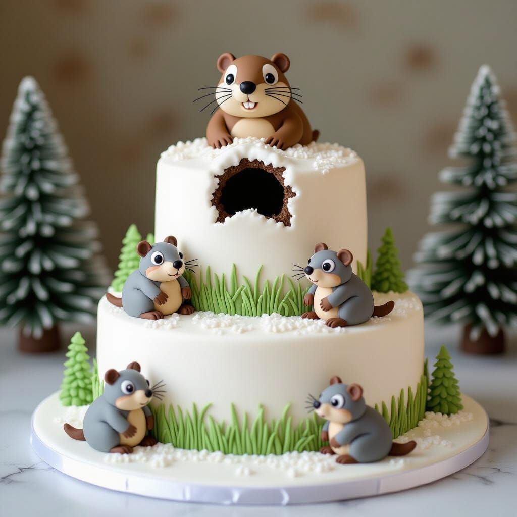 Whimsical Snowy Cake with Peeking Groundhog