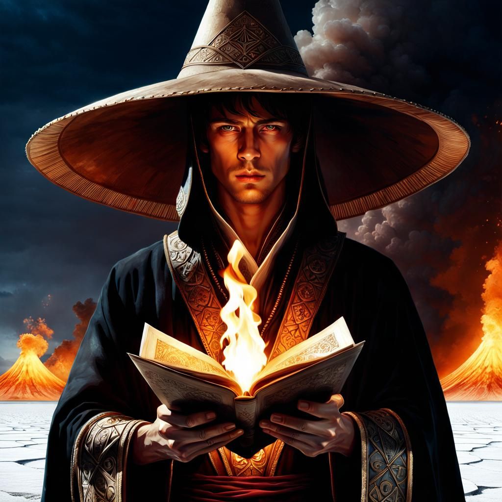 Wizard with Flaming Poem in Salt Flats