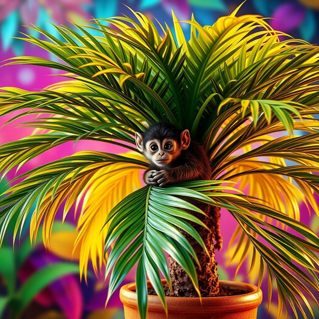 Vibrant Palm Tree Scene with Mischievous Monkey