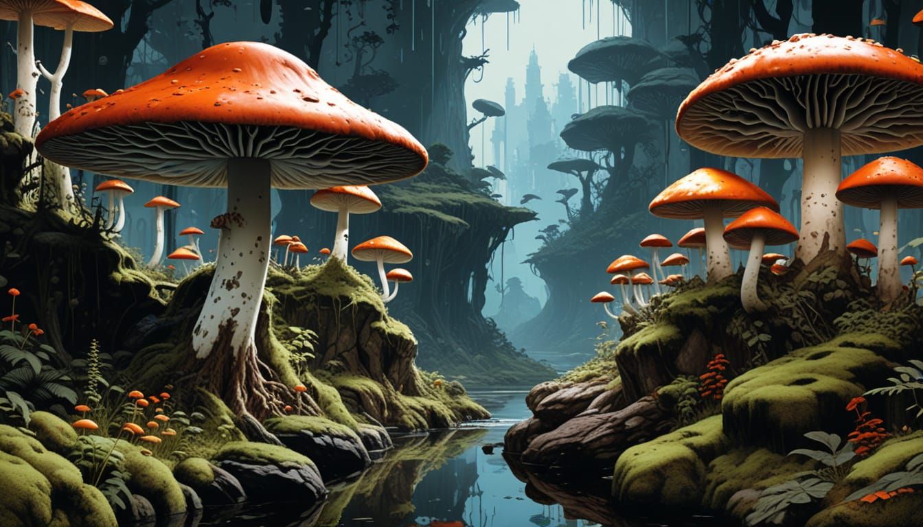 Epic Impressionist Masterpiece with Fox Among Vibrant Mushro...