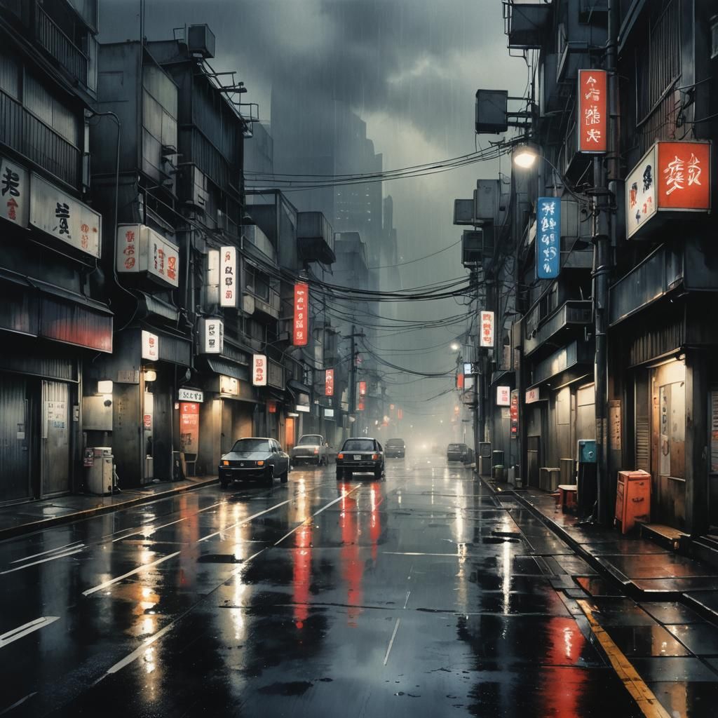 Lonely Rain Swept Streets of Post-Apocalyptic Tokyo