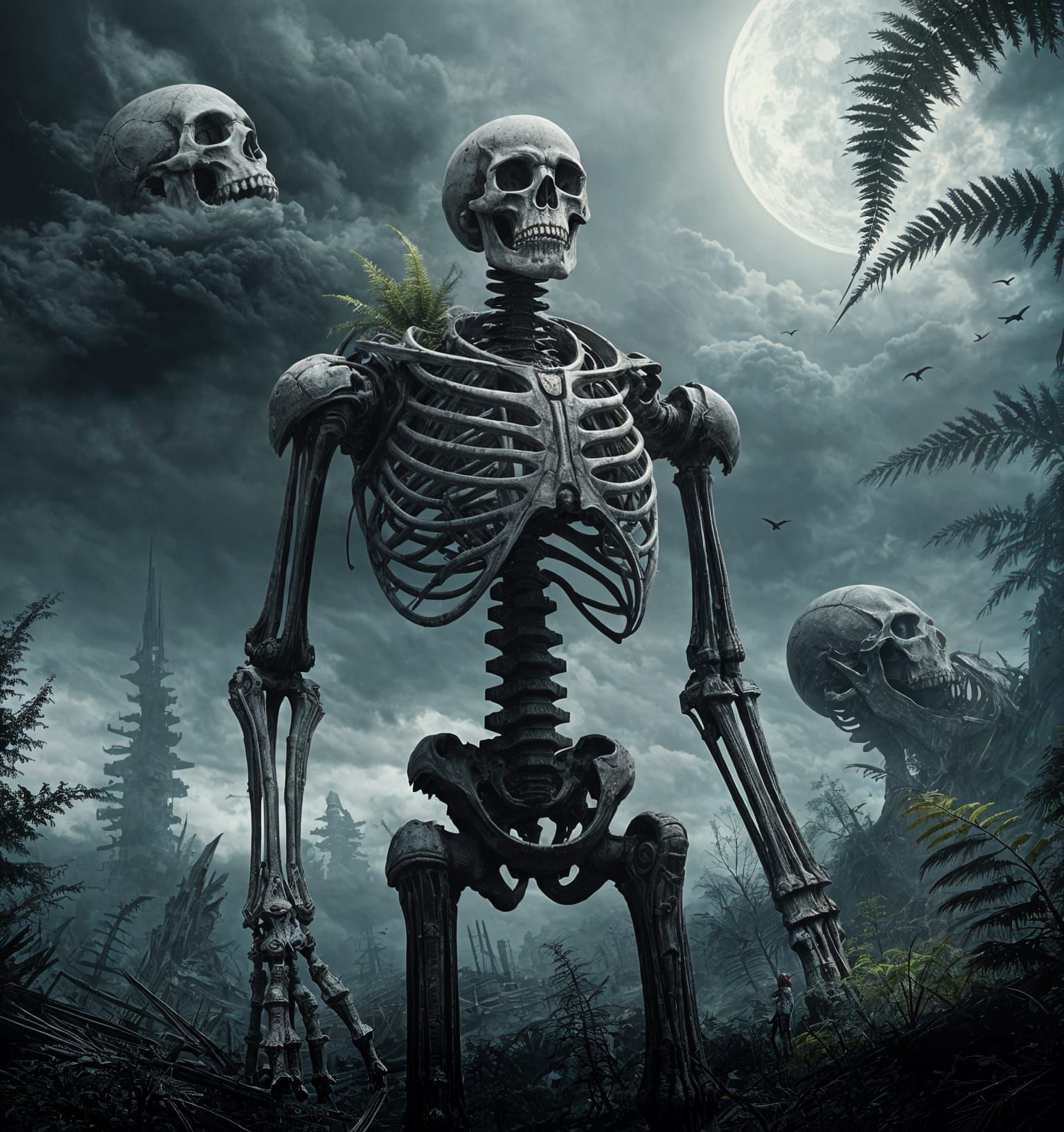 Skeletal Astronaut on Alien Planet with Skull