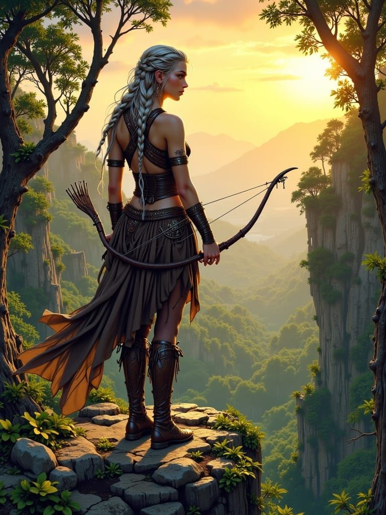 Elven Archer Overlooking Ancient Forest in Art Nouveau Style