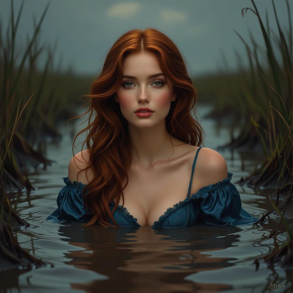 Pre-Raphaelite Painting of Woman Sinking in Mud