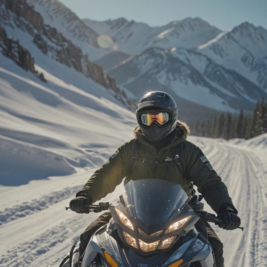 Snowmobile Adventure in Snowy Mountains: Cinematic Still