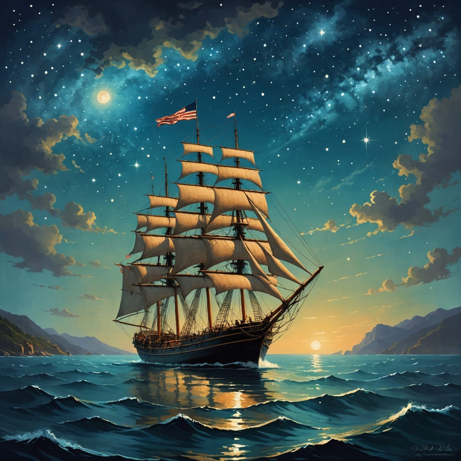 19th Century Schooner Under Starry Sky