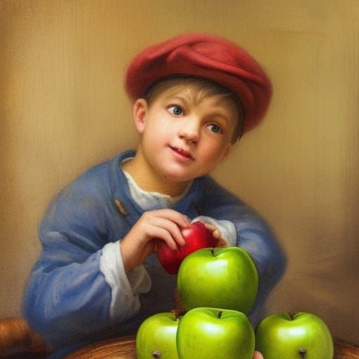 Boy in Rustic Cabin Biting Green Apple
