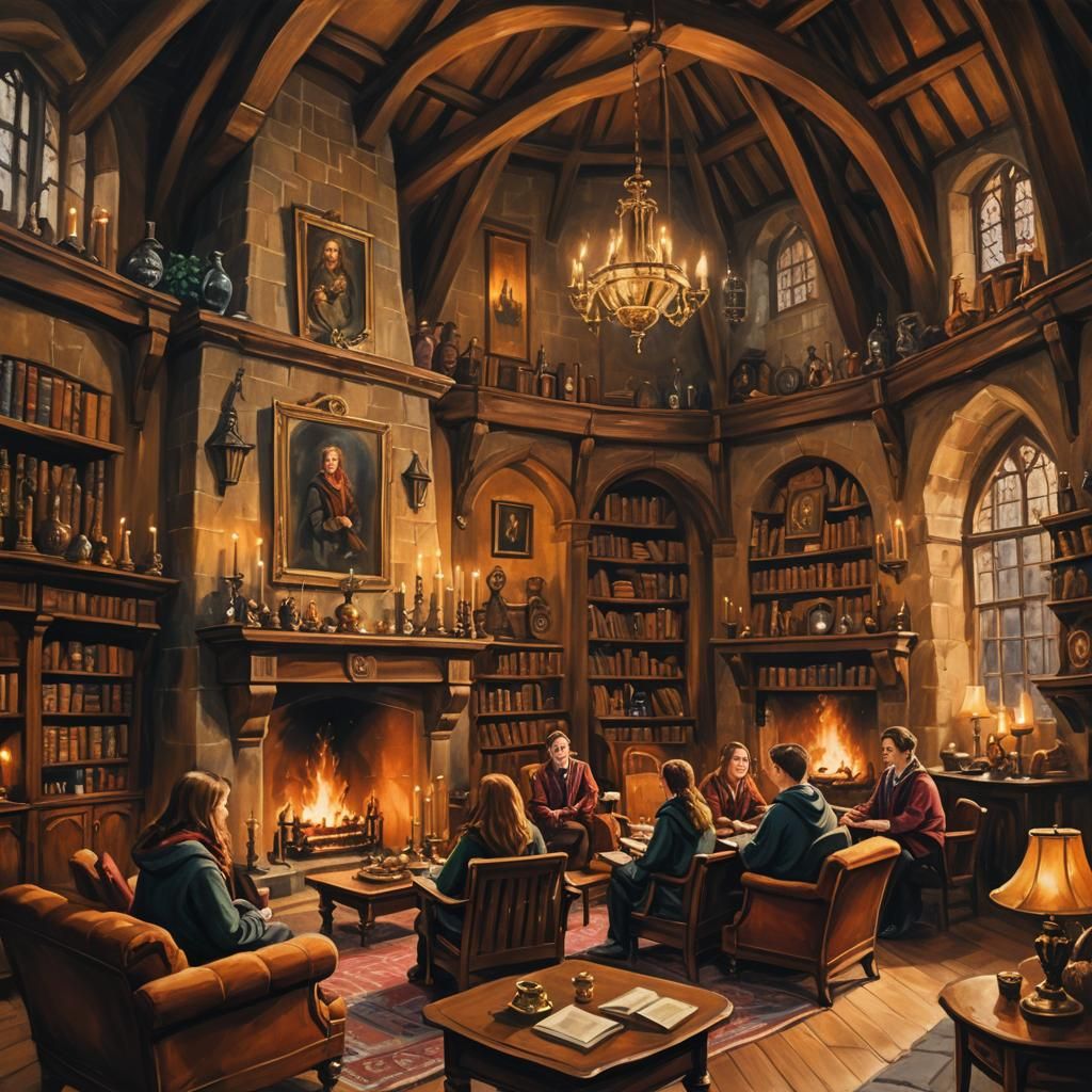 Cozy Hogwarts Common Room in Pre-Raphaelite Style