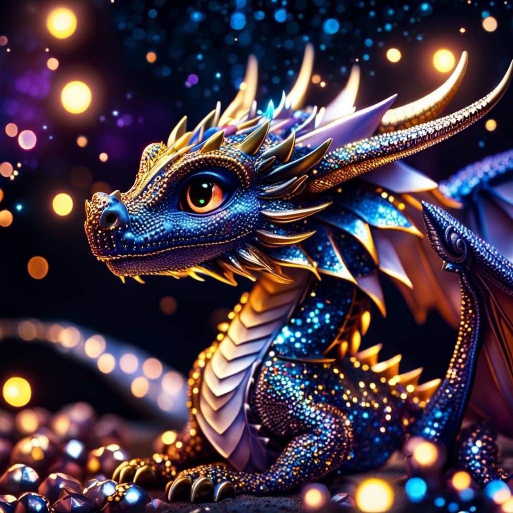 Glittering Chibi Dragon in Moonlight, Hyperrealistic 8K