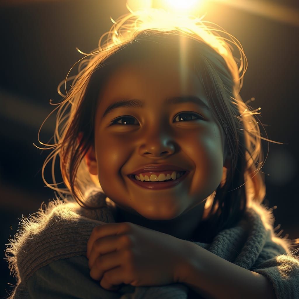 Hyperrealistic Portrait of an Expectant Smiling Girl