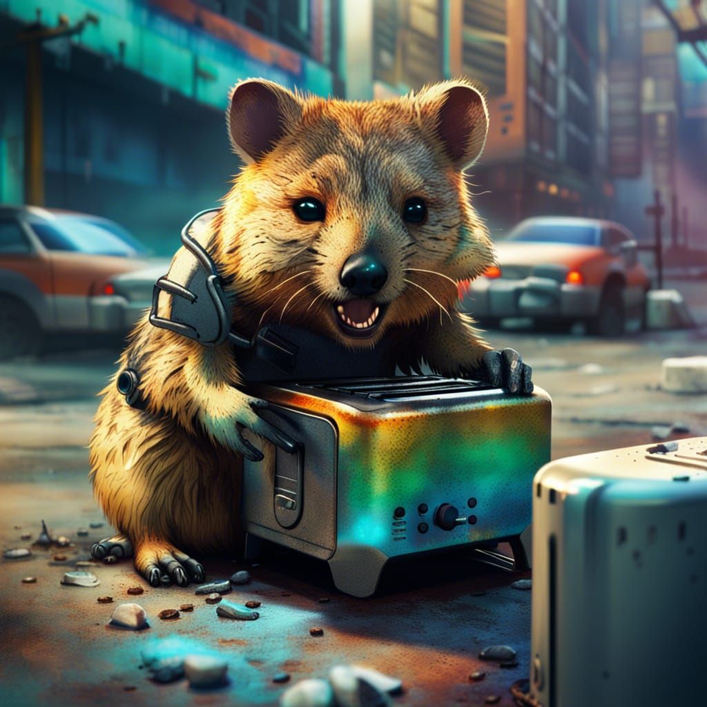 Cybernetic Quokka Toaster Feast in Post-Apocalyptic City