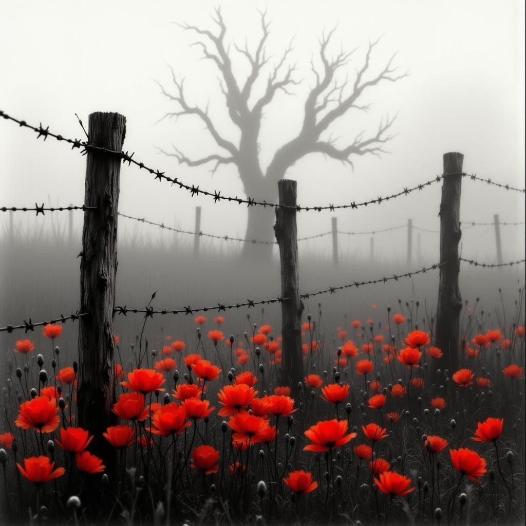 Ethereal Countryside Scene with Poppies and Fog