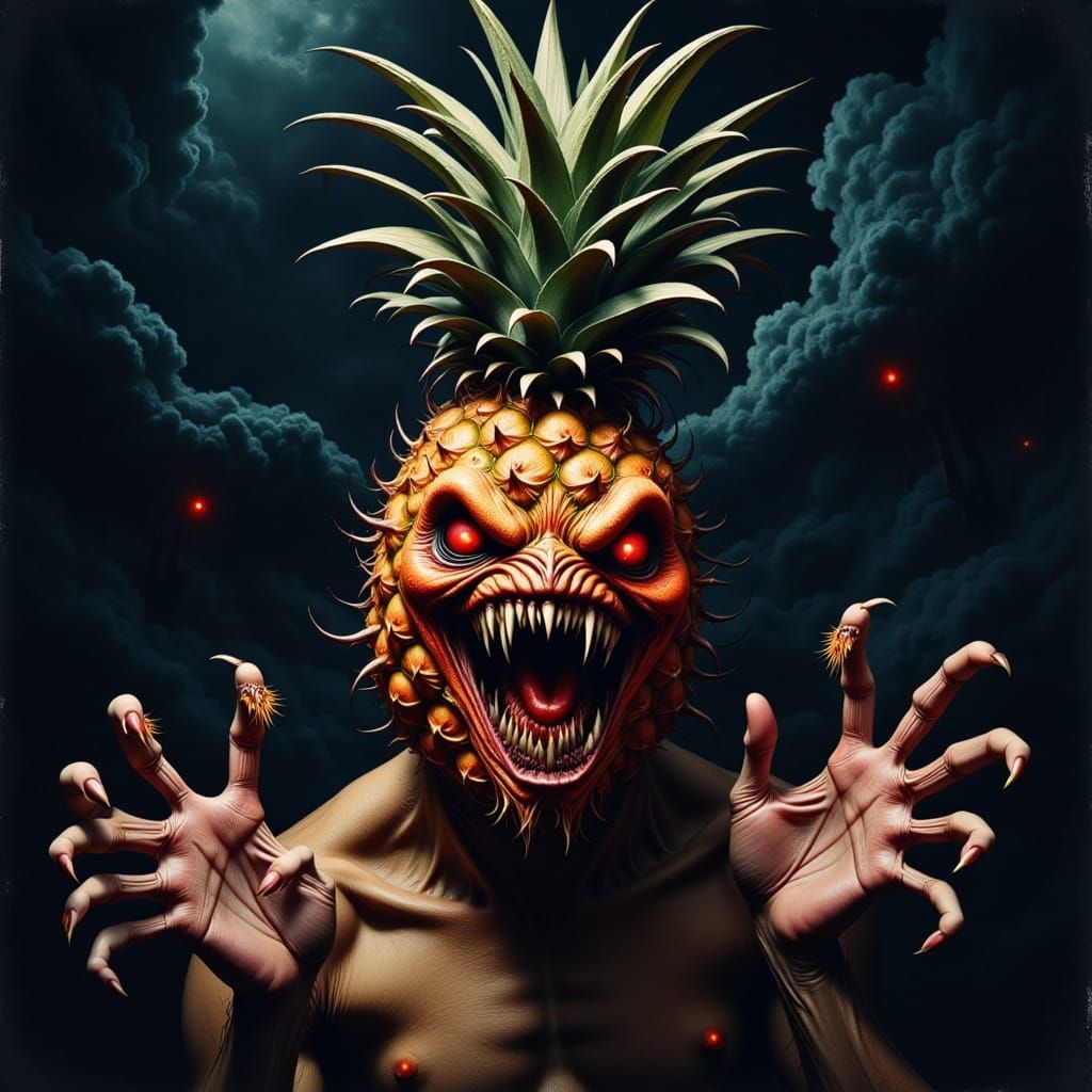 Menacing Pineapple Creature in Dark, Ominous Landscape