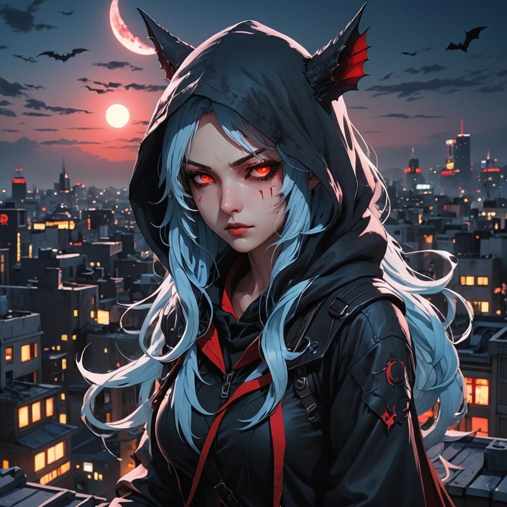 Anime Assassin Sits on Rooftop in Dark Fantasy 3D Art