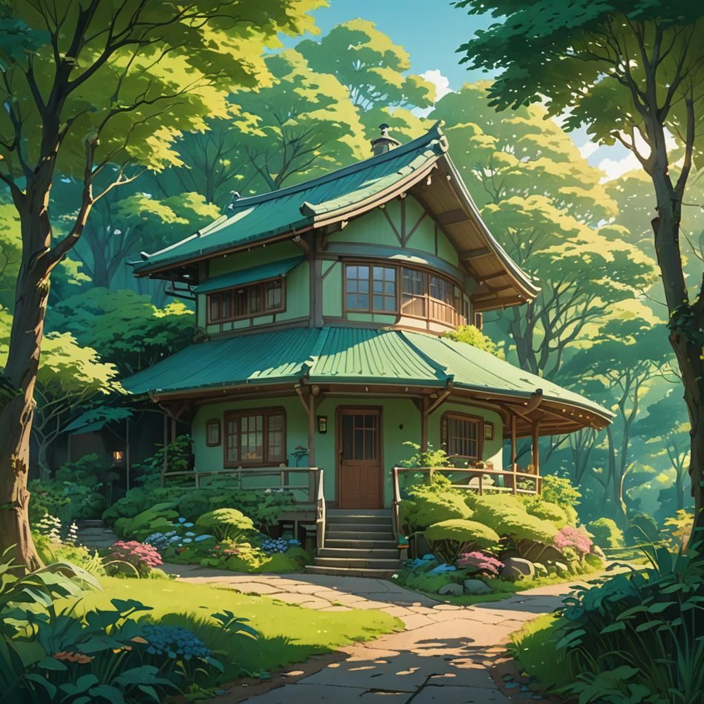 Whimsical Building in Dreamlike Anime Style