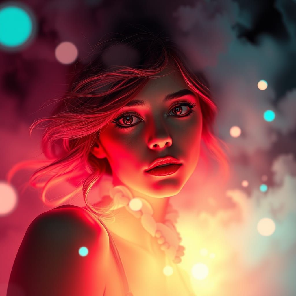 Ethereal Woman in Candy Art Style with Glowing Fog
