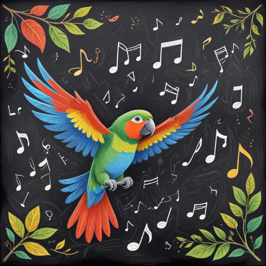 Vibrant Chalkboard Scene with Swinging Parrot and Musical No...