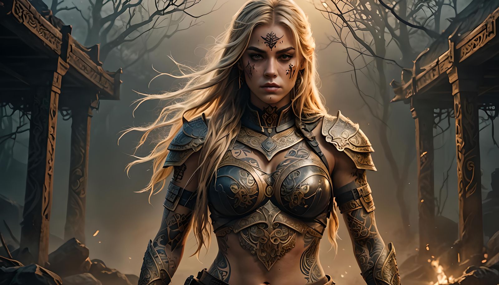 Tattooed Blonde Female Warrior: Hyperrealistic Cinematic Por...