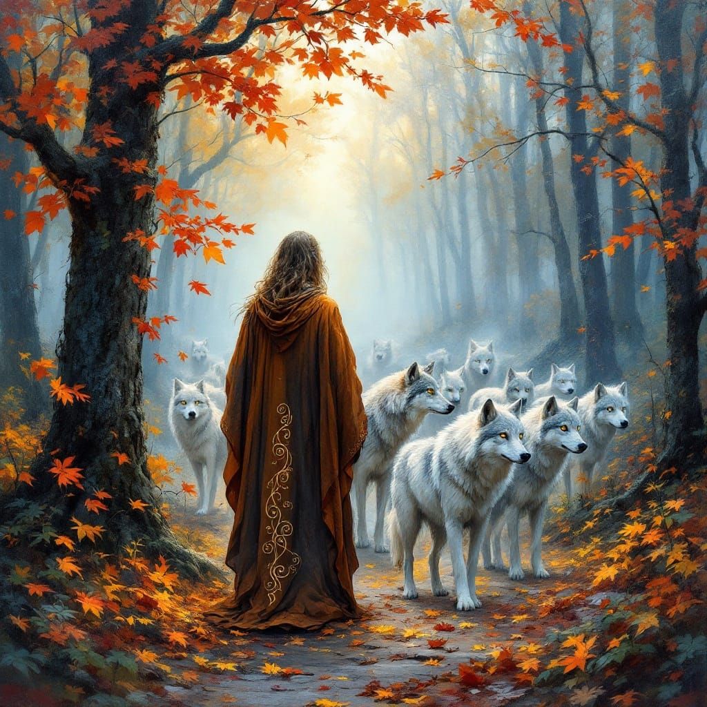 Serenely Standing Druid Amidst Wolves in Misty Forest
