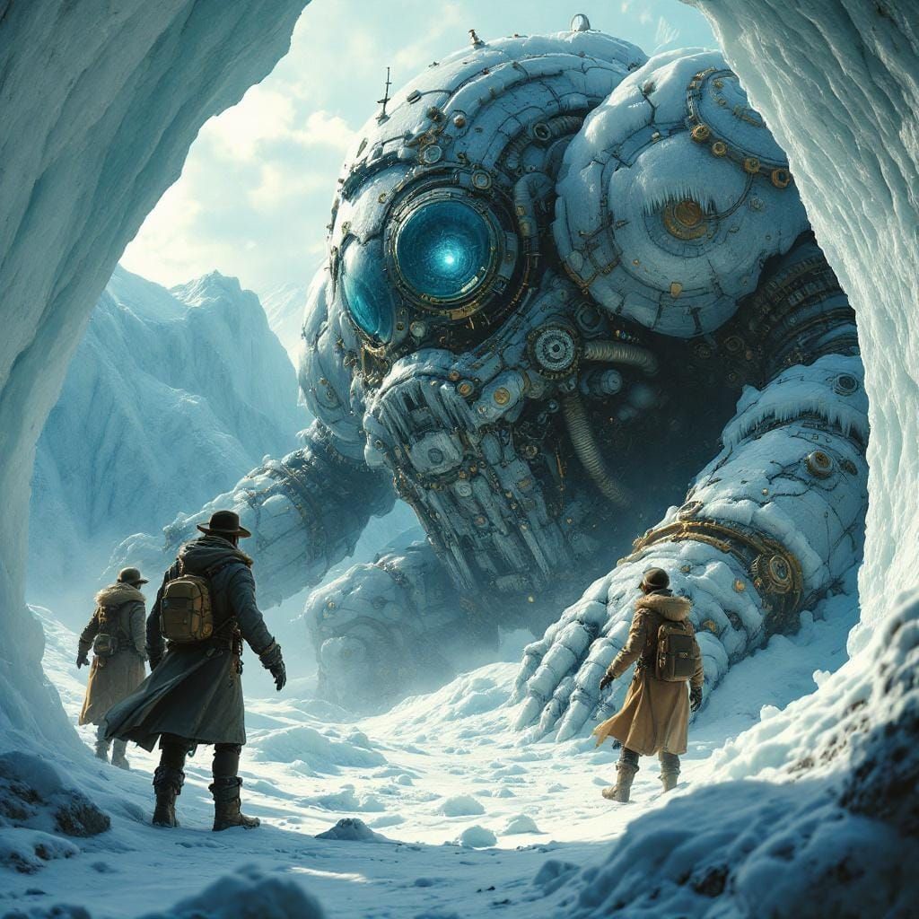 Steampunk Explorers Discover Frozen Robot in Glacier