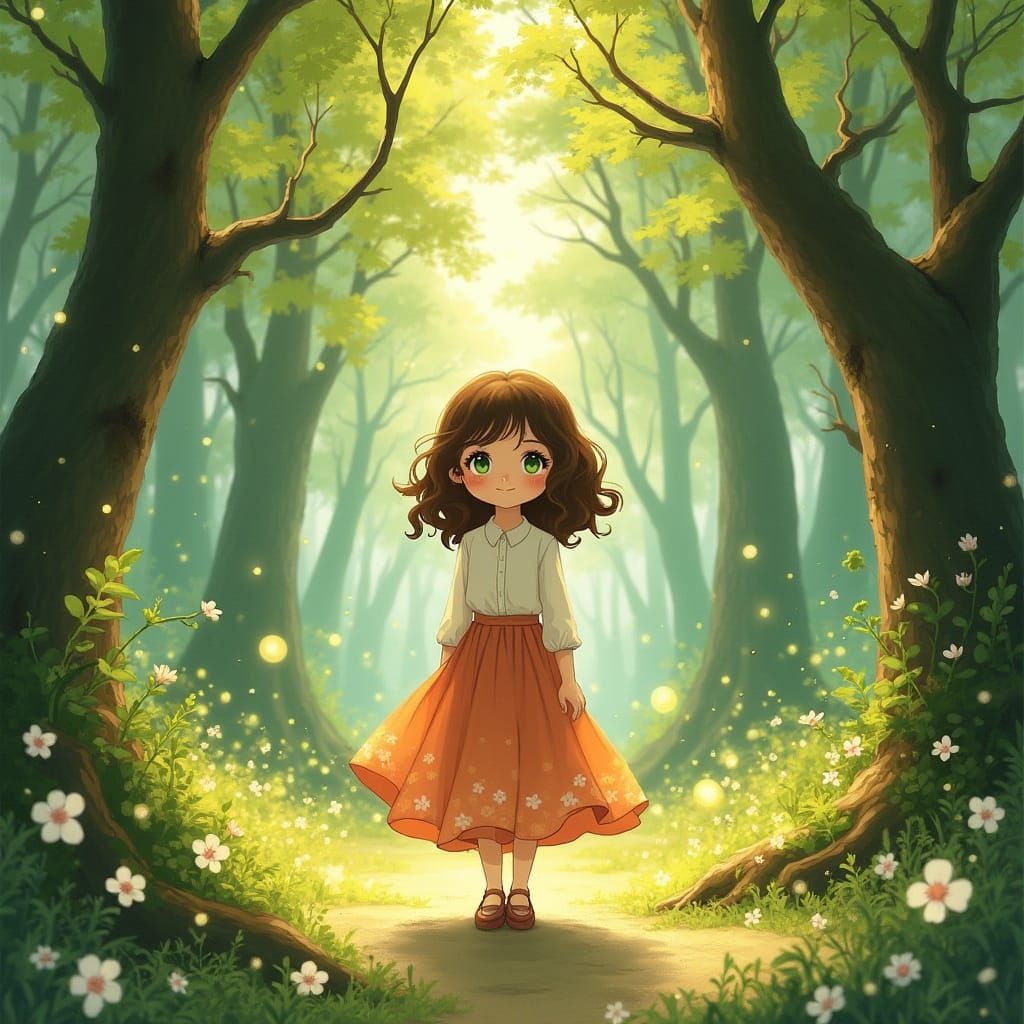 Whimsical Girl in Vibrant Forest, Inspired by Ghibli Art