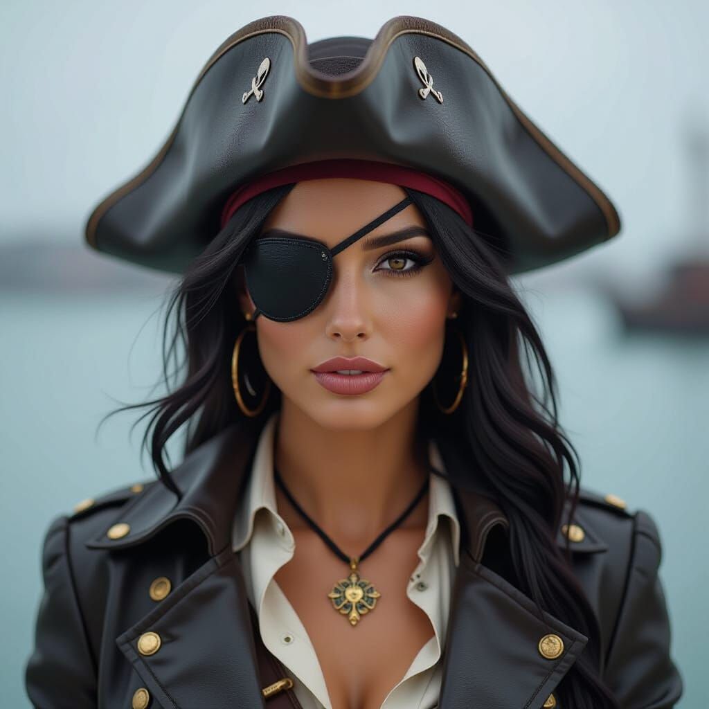 Beautiful Female Pirate Captain in Leather Jacket and Eyepat...