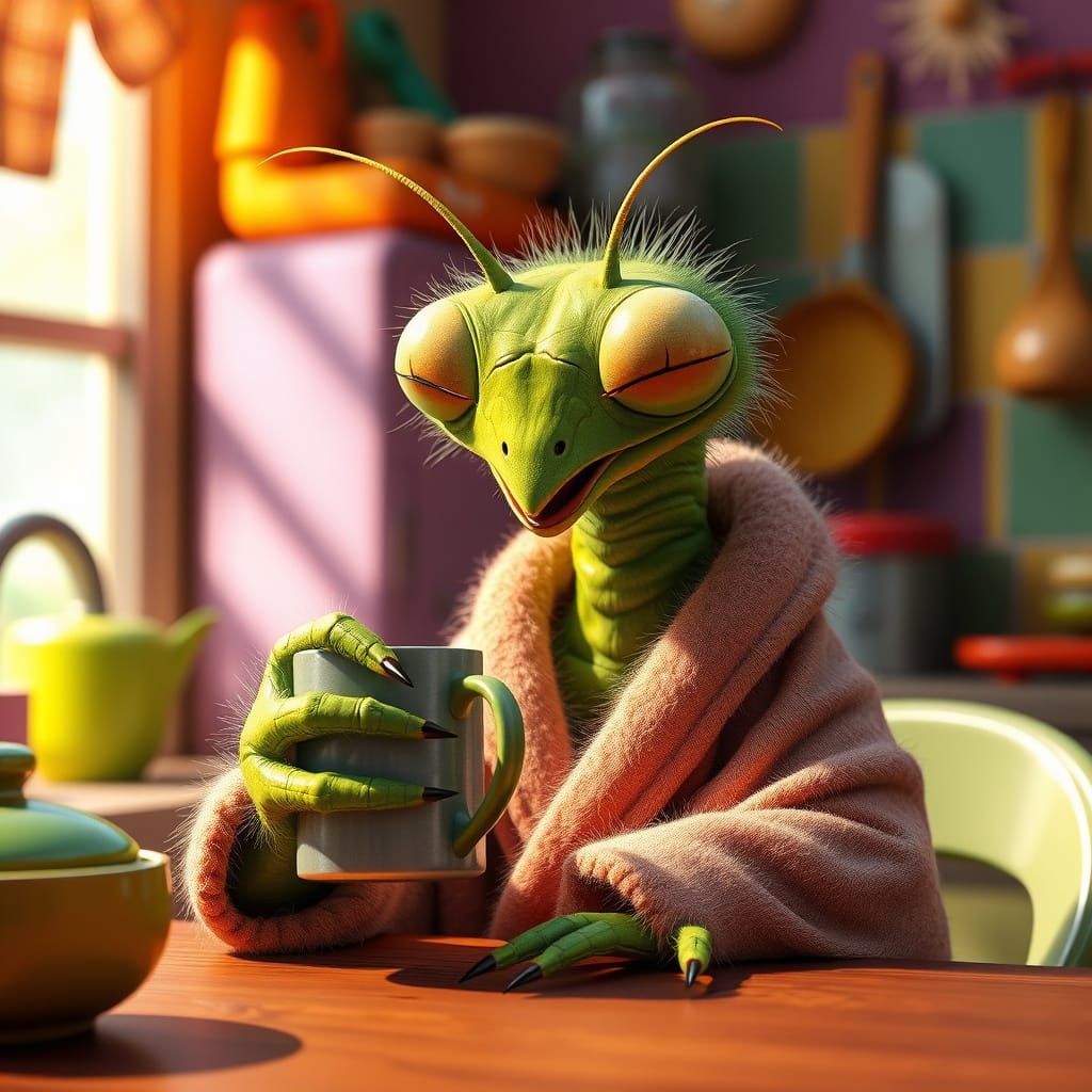 Vibrant Furry Mantis Sips Coffee in Cozy Kitchen
