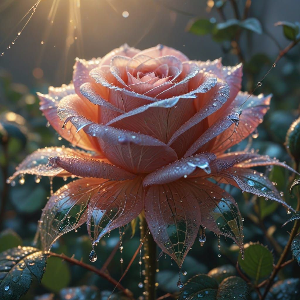Glowing Spider Silk Rose with Morning Dew