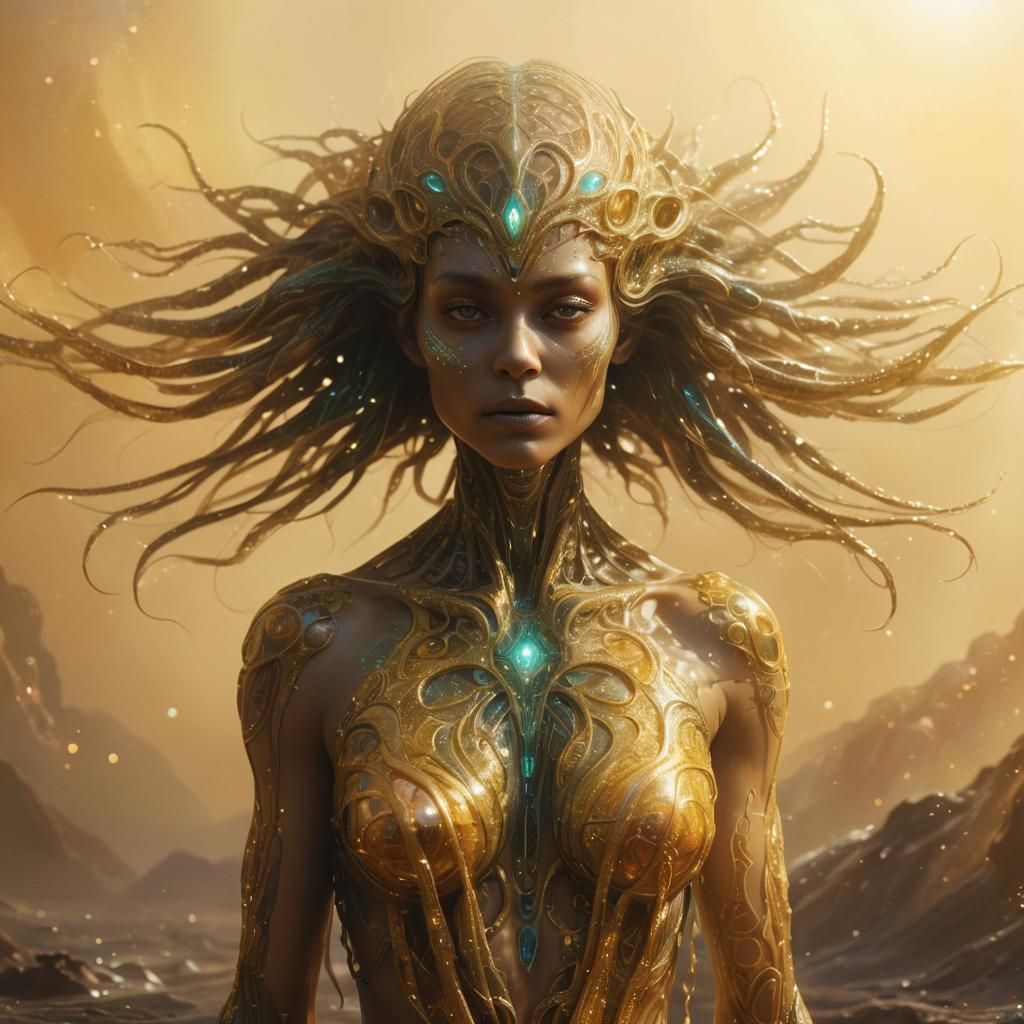 Ethereal Alien Woman with Fractal Patterns in Digital Art