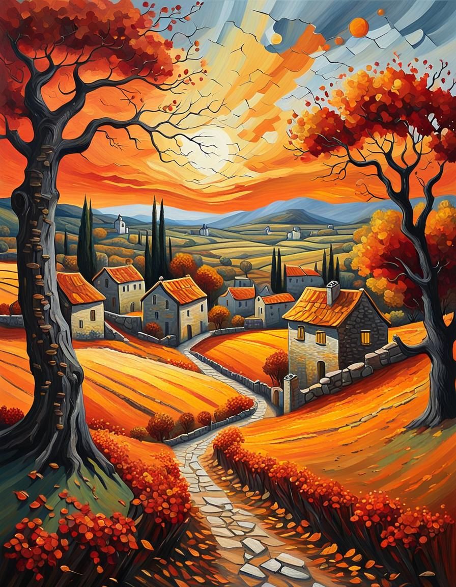 Autumn Village Sunset in Acrylic Painting Style
