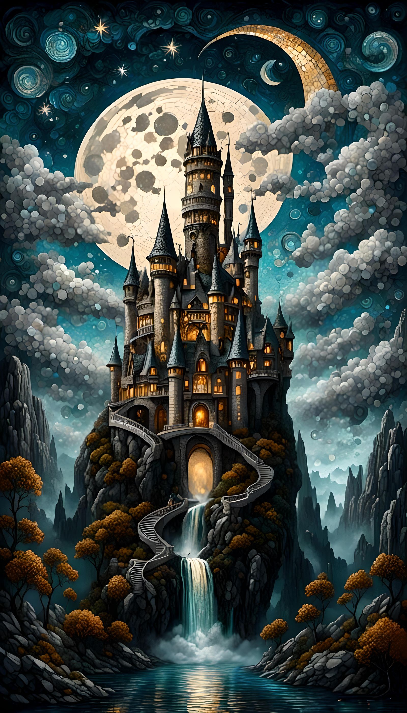 Mosaic Castle Soaring Over Fantasy Landscape