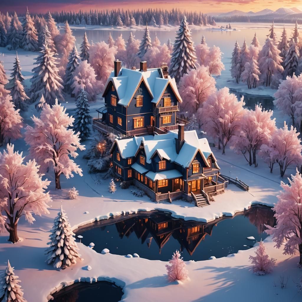 Cozy Winter Home on Frozen Lake: Digital Matte Painting