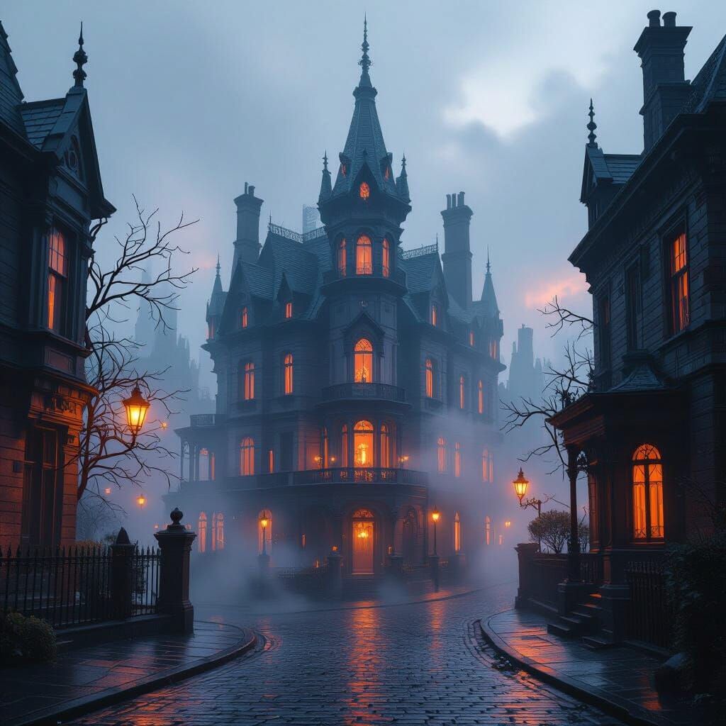 Gothic Neon Cityscape with Victorian Futurism and Fog