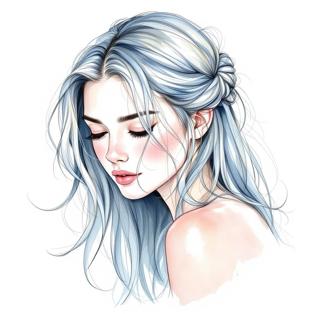 Ethereal Watercolor Portrait of Long Hair Tumbling Over a Ba...