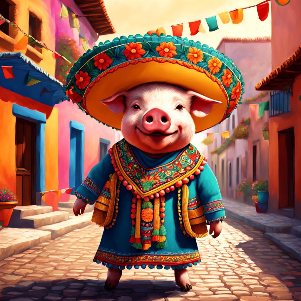 Festive Mariachi Pig in a Mexican Village