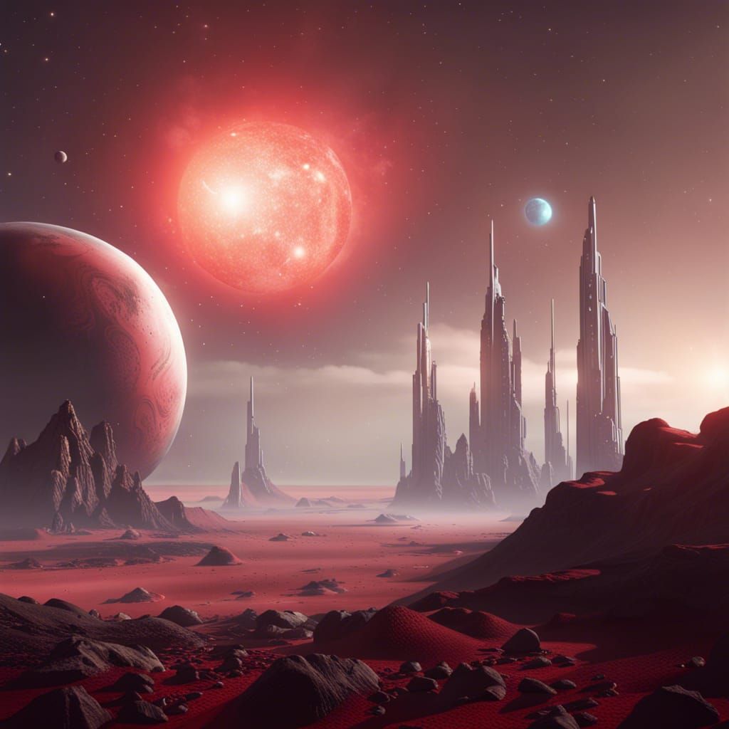 Sci-Fi Star System with Gray and Red Planet