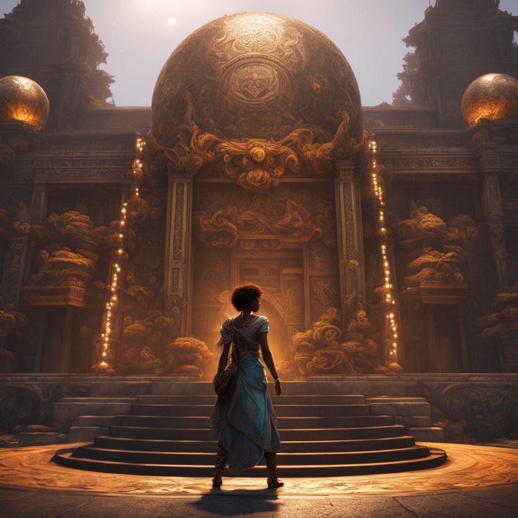 Black Goddess Meets Modern Woman with Glowing Orbs