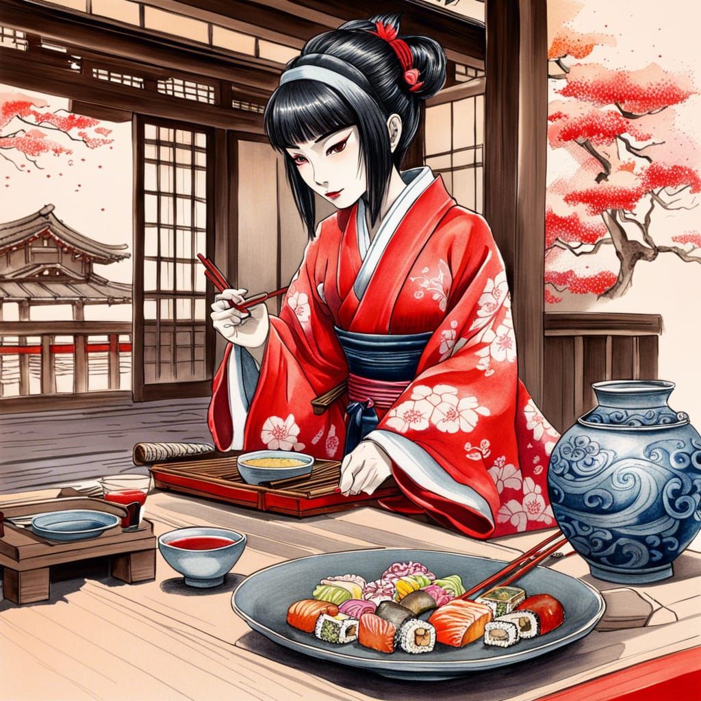 Beautiful Ninja Enjoying Ramen: Mixed Media Kawaii Art